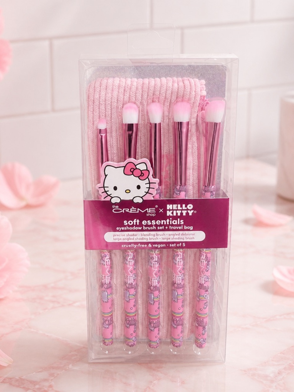 Hello Kitty x The Crème Shop 5-Piece Eyeshadow Brush Set With Travel Bag New